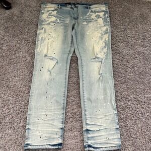 NOVA MEN Distressed‎ Light Wash Skinny Jeans Paint Splatter Ripped Size 42